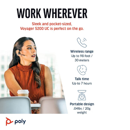 7K2F3AA Poly Voyager 5200 UC USB-A Bluetooth Headset +BT700 Adapter